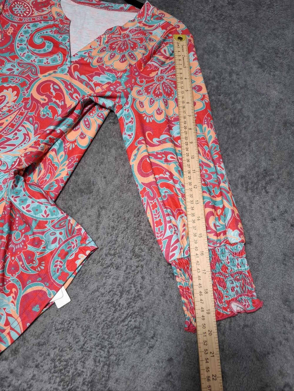 LOMON Paisley Multicolor V-Neck Tunic Top Smocked 3/4 Sleeves Soft Casual Sz M - Picture 15 of 15